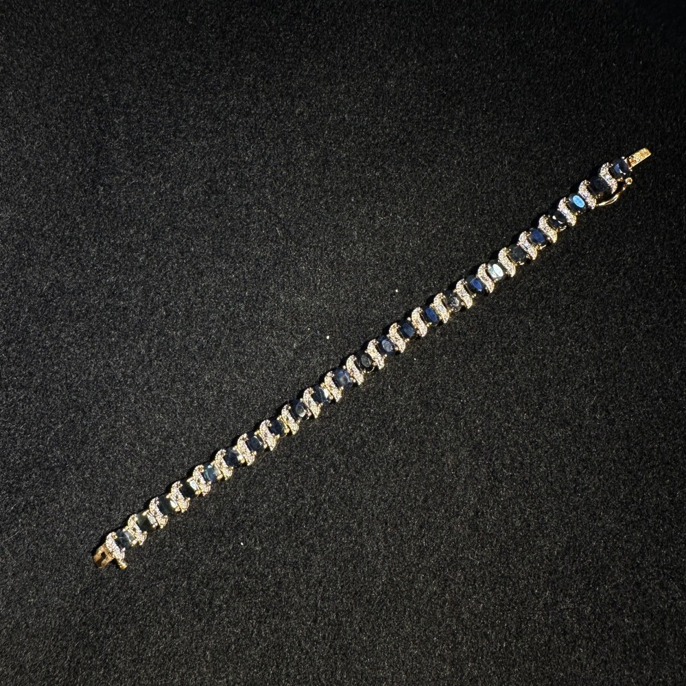 Blue Stone Gold Tone S-Link Tennis Bracelet Crystal Accents